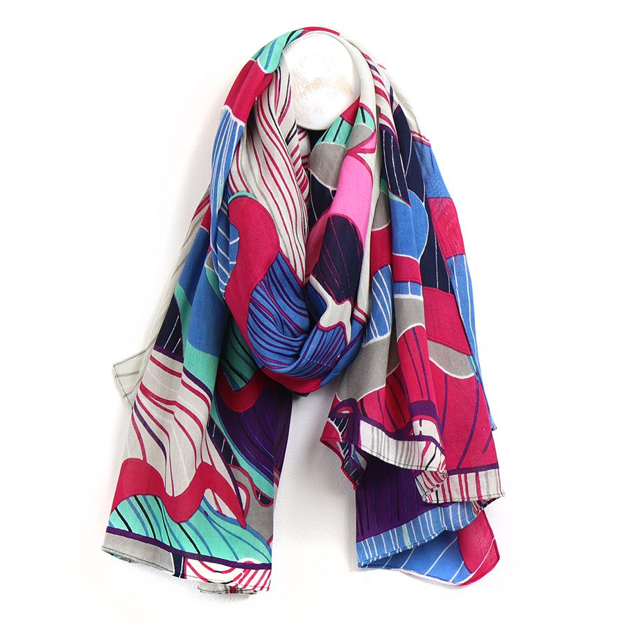 Bamboo viscose pink and blue mix tropical flower print scarf - Flemings Department Store
