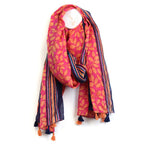 Red and orange leaf print cotton scarf with stripes and tassels - Flemings Department Store