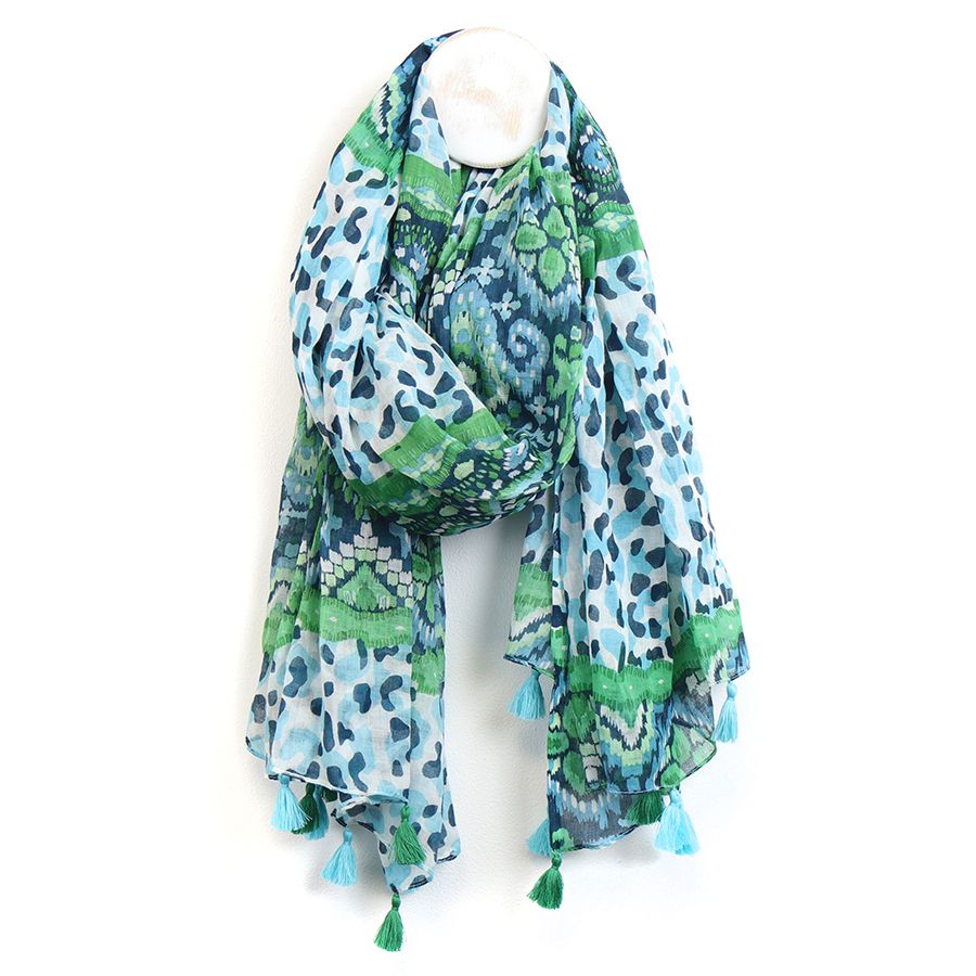 Cotton scarf with aqua mix camo and ikat print - Flemings Department Store