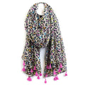 Cotton neon mix animal print and pink tassel scarf - Flemings Department Store