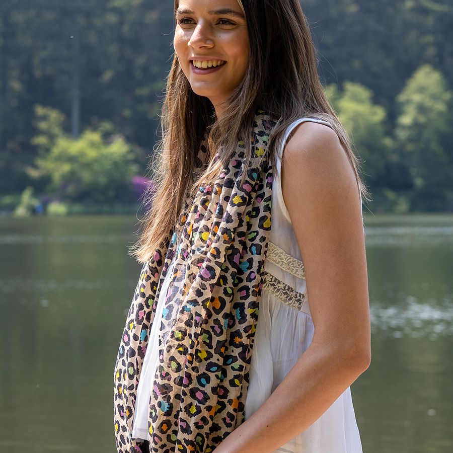Cotton neon mix animal print and pink tassel scarf - Flemings Department Store