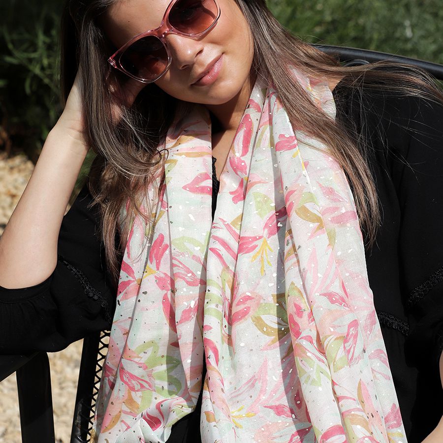 Pastel mix recycled lily print and metallic scarf - Flemings Department Store
