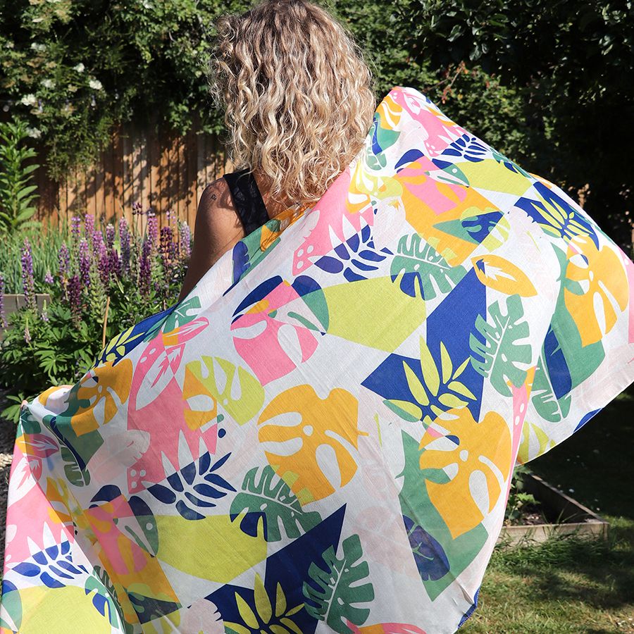Recycled mustard mix monstera leaf print scarf - Flemings Department Store