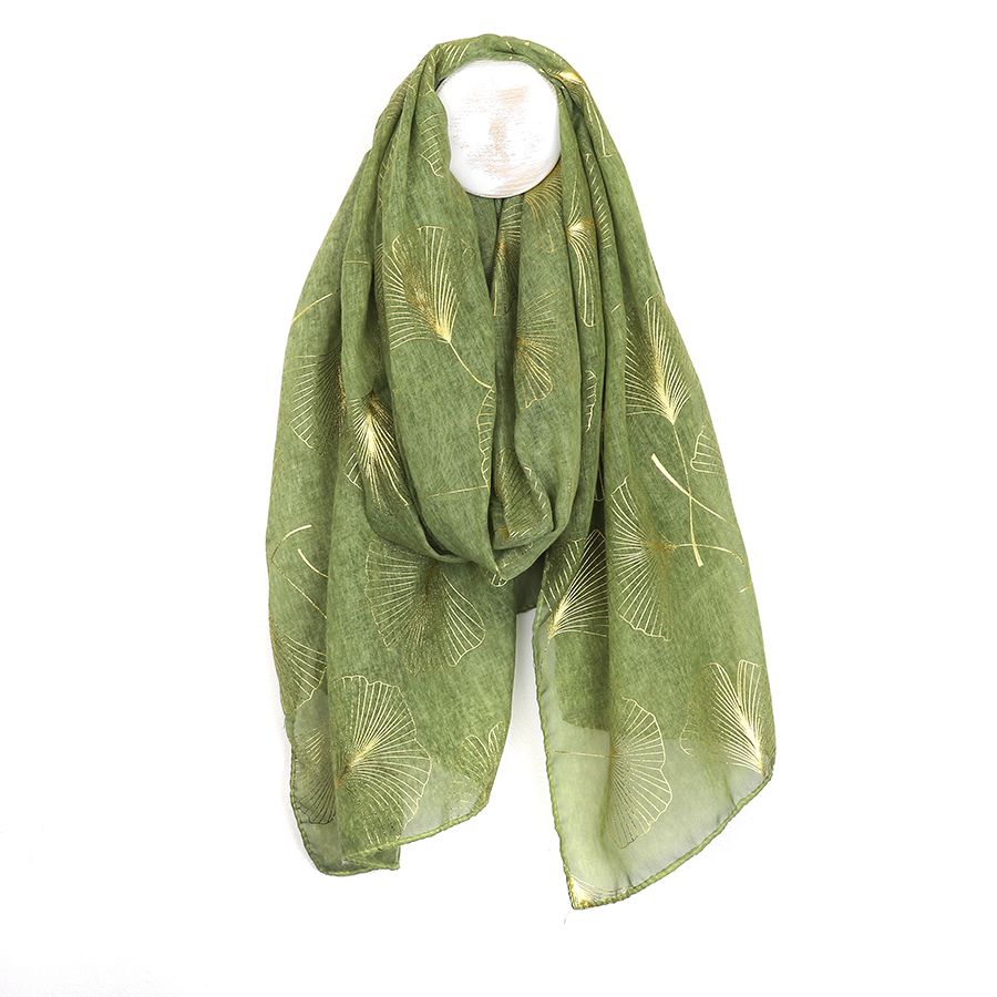 Recycled green and metallic gold ginkgo print scarf - Flemings Department Store