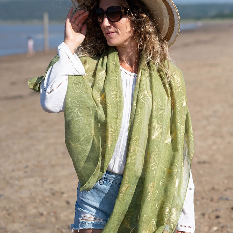 Recycled green and metallic gold ginkgo print scarf - Flemings Department Store