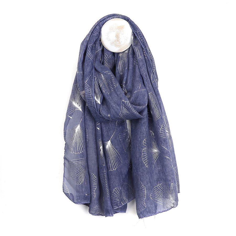 Recycled blue and metallic silver ginkgo print scarf - Flemings Department Store