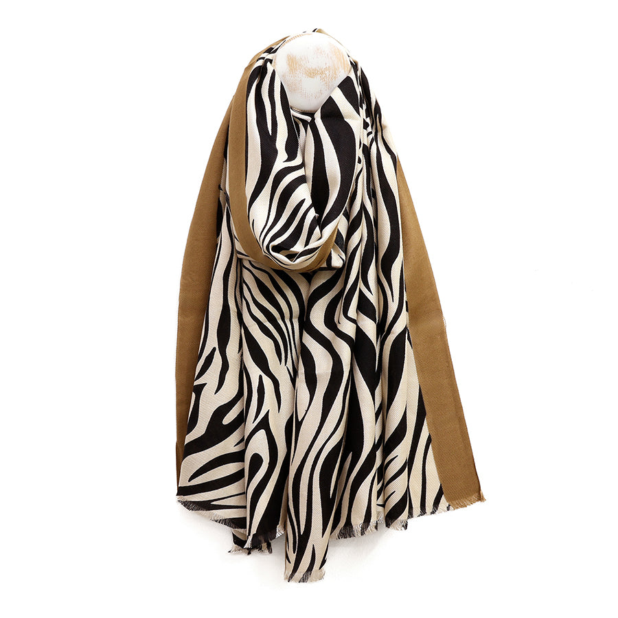 Savannah Zebra Print Scarf with Taupe Border