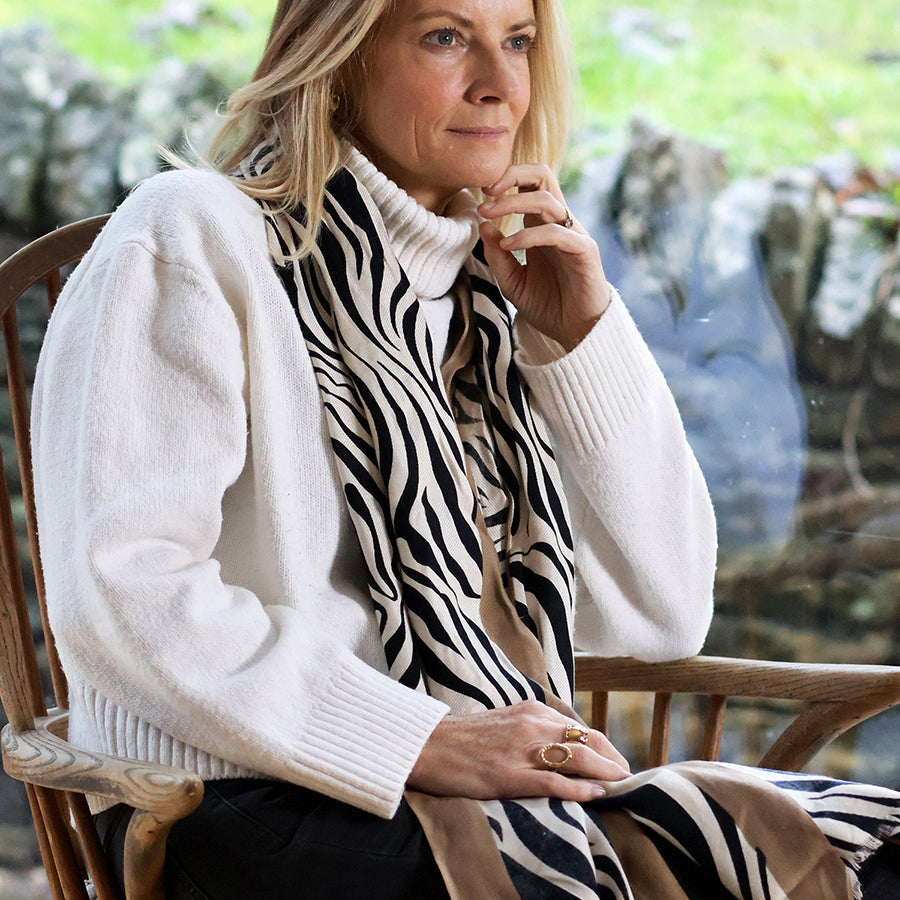 Savannah Zebra Print Scarf with Taupe Border