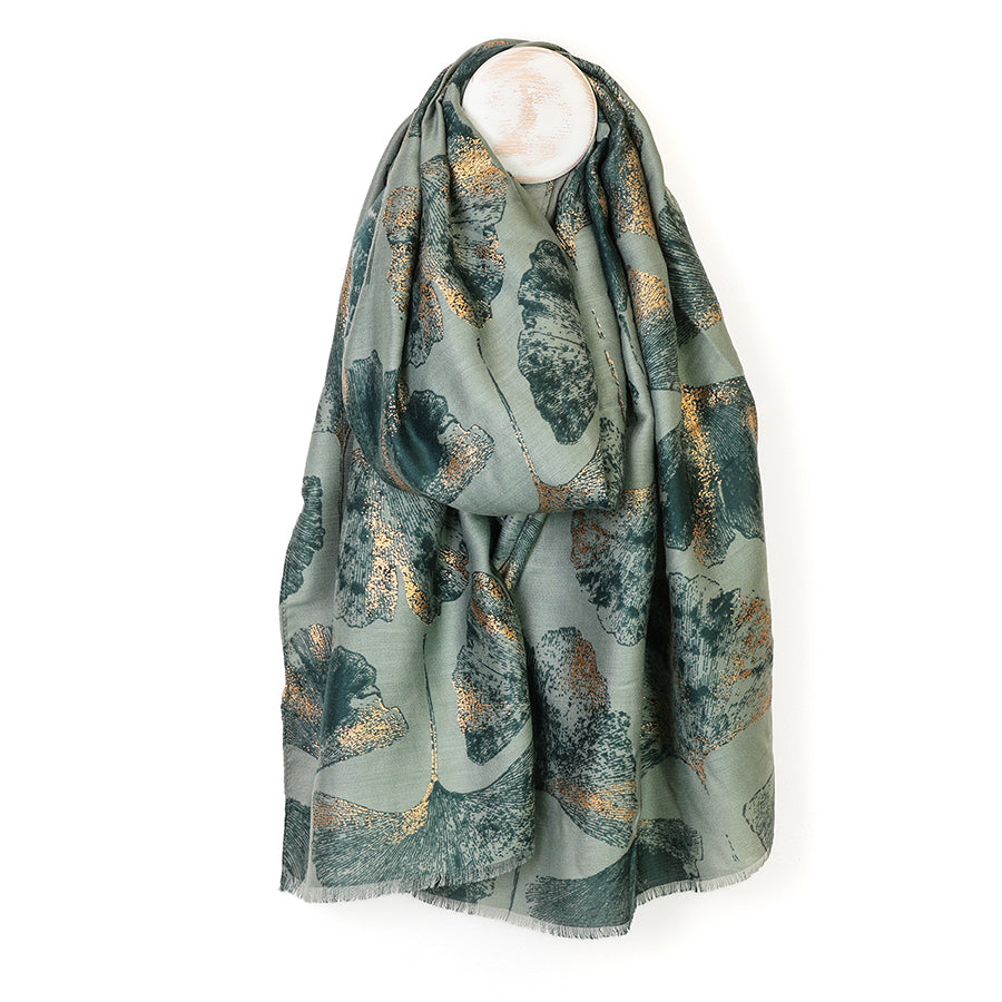 Greta Sage Mix Gingko and Metallic Gold Print Scarf