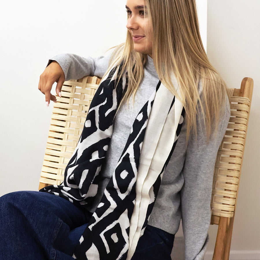 Amber Ecru and Black Mix Abstract Geo Print Scarf