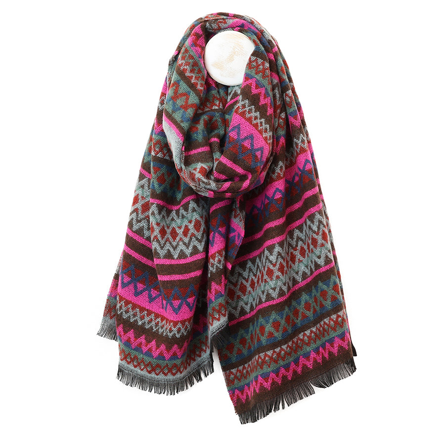 Zadie Neon Pink and Brown Mix Zigzag Stripe Scarf with Fringe