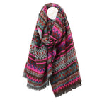 Zadie Neon Pink and Brown Mix Zigzag Stripe Scarf with Fringe