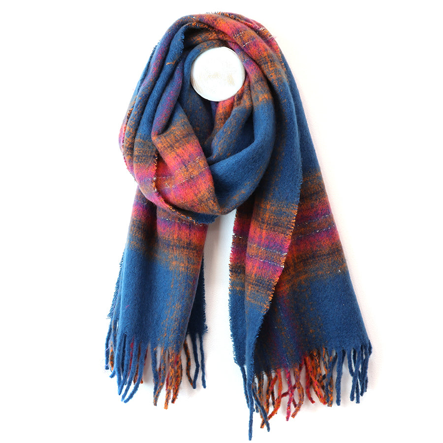 Miranda Blue, Pink and Orange Mix Cosy Check Sections Scarf