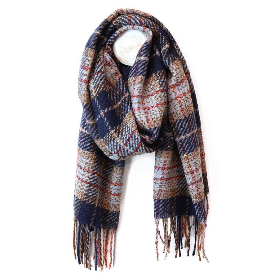 Olivia Navy and Red Mix Tartan Weave Scarf with Metallic Thread