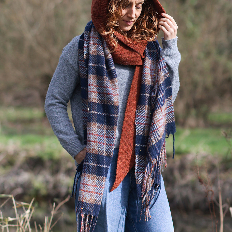 Olivia Navy and Red Mix Tartan Weave Scarf with Metallic Thread