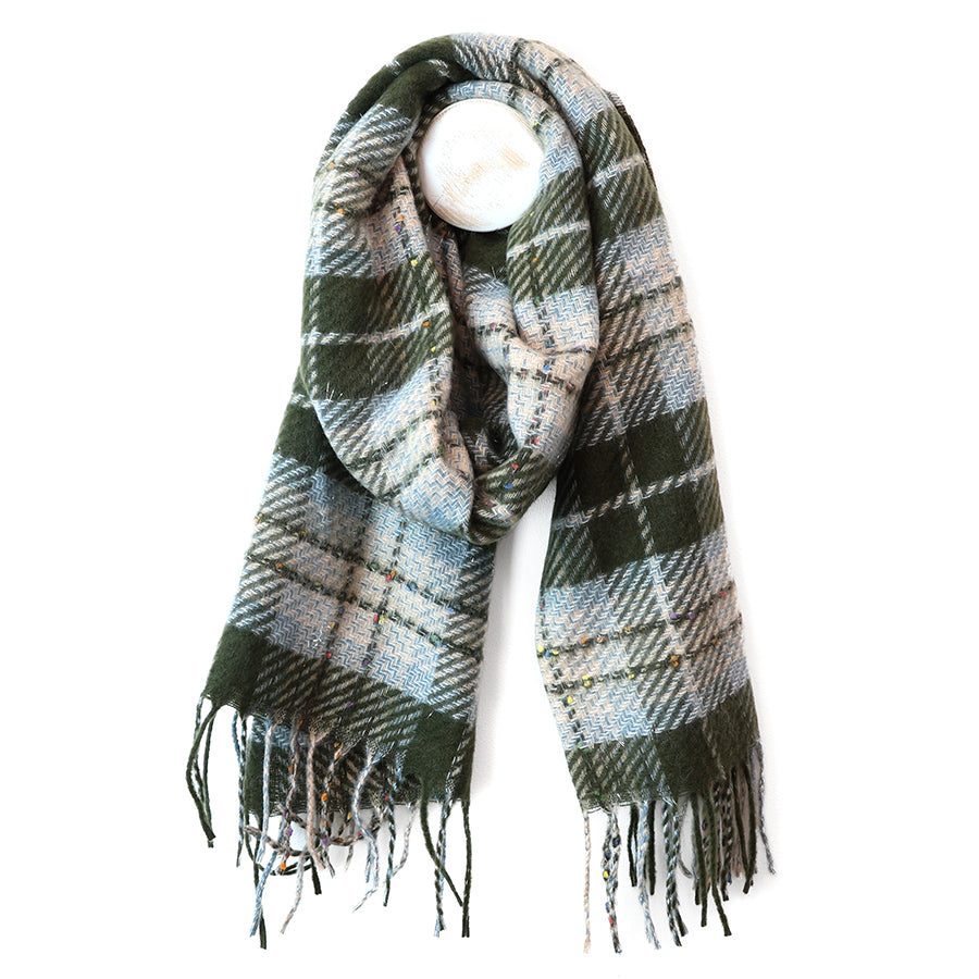 Olivia Dark Khaki Mix Tartan Weave Scarf with Metallic Thread