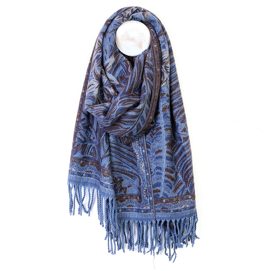 Celia Blue and Brown Mix Reversible Ornate Fern Leaf Scarf