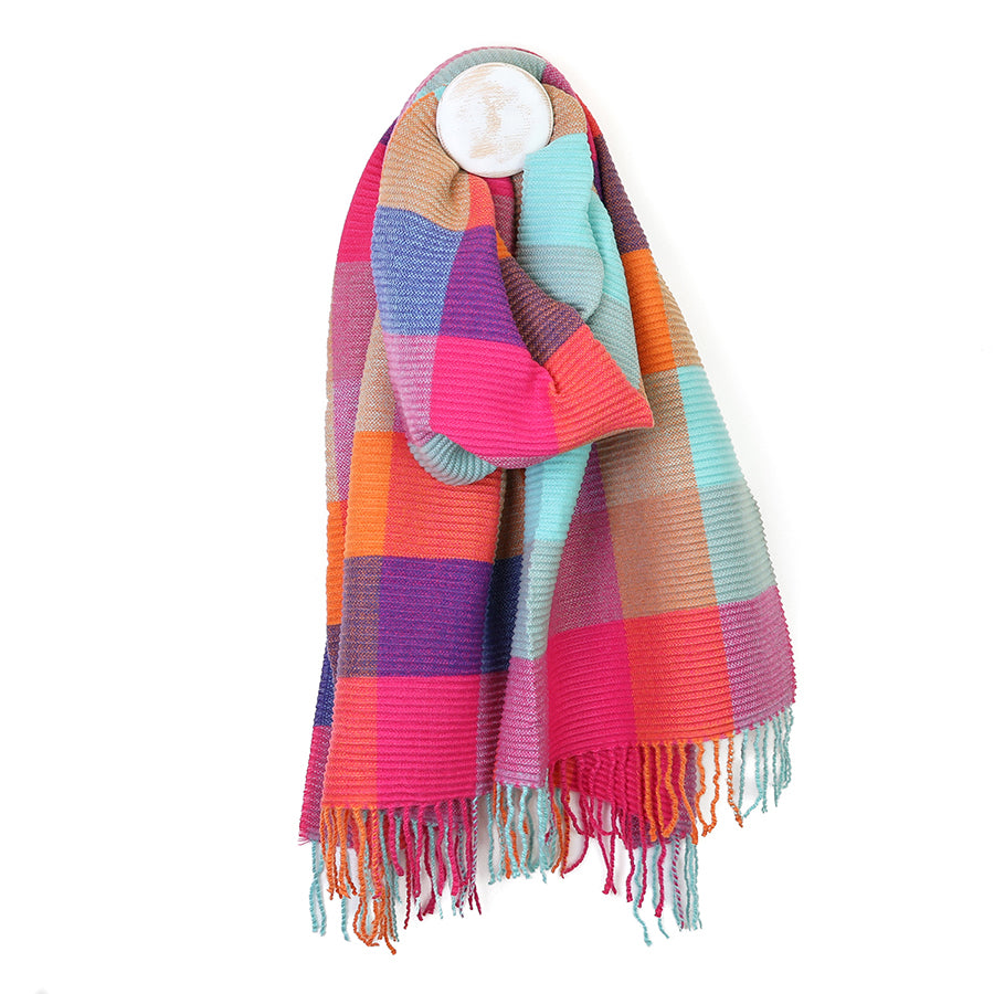 Harriet Aqua, Pink and Multi Mix Pleated Check Scarf