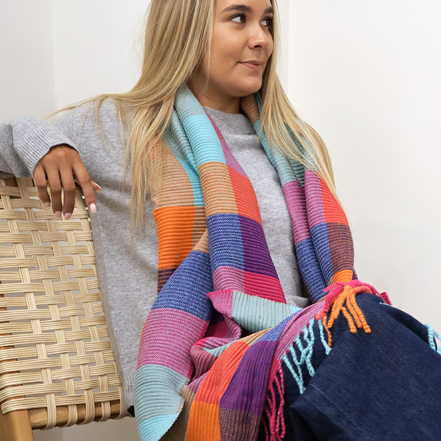 Harriet Aqua, Pink and Multi Mix Pleated Check Scarf