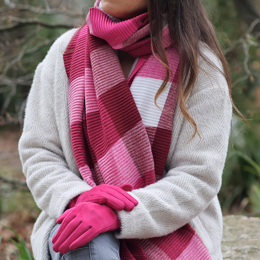 Harriet Raspberry, Red and White Mix Pleated Check Scarf