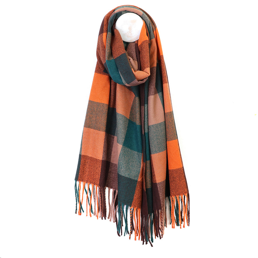 Esme Orange and Bottle Green Mix Check Scarf