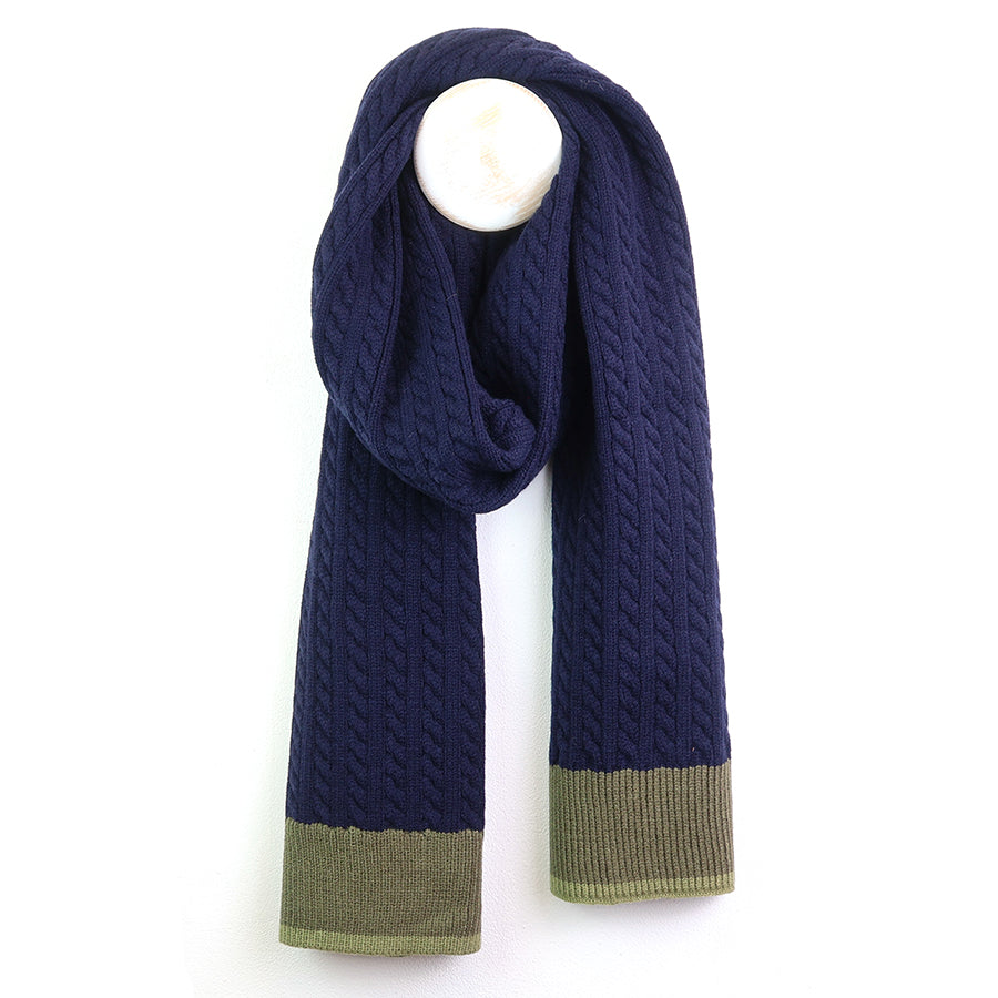 Matty Navy Cable Knit Scarf for Men with Khaki Trim