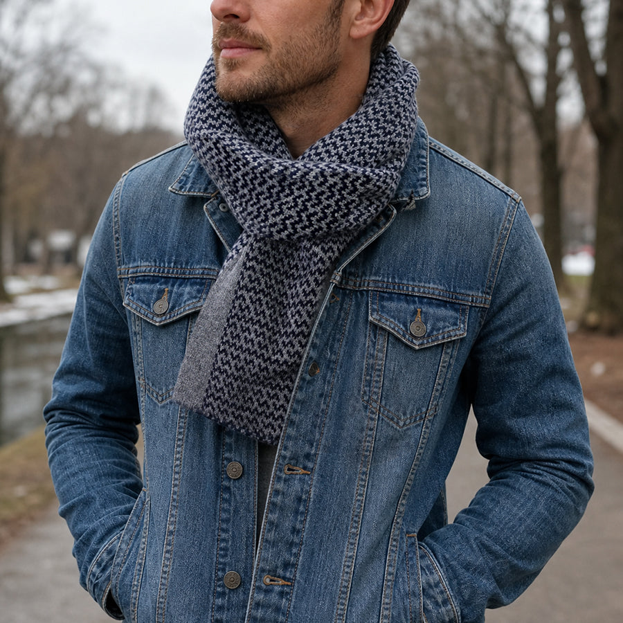 Theo Grey and Navy Reversible Chevron Pull Through Scarf for Men