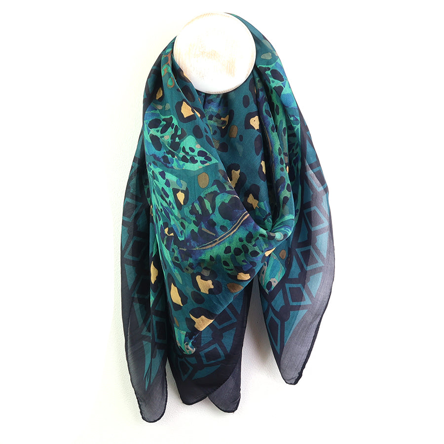 Teal and Navy Mix 100% Silk Botanical and Animal Print Square Scarf
