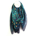 Teal and Navy Mix 100% Silk Botanical and Animal Print Square Scarf