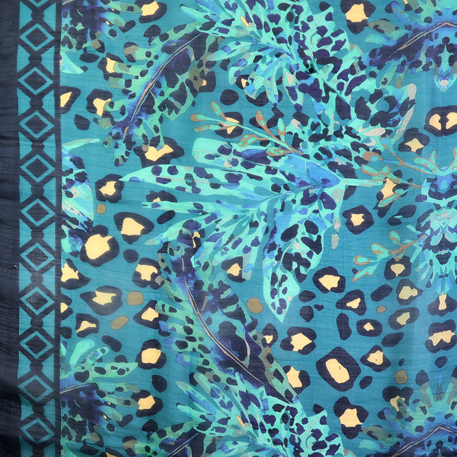 Teal and Navy Mix 100% Silk Botanical and Animal Print Square Scarf