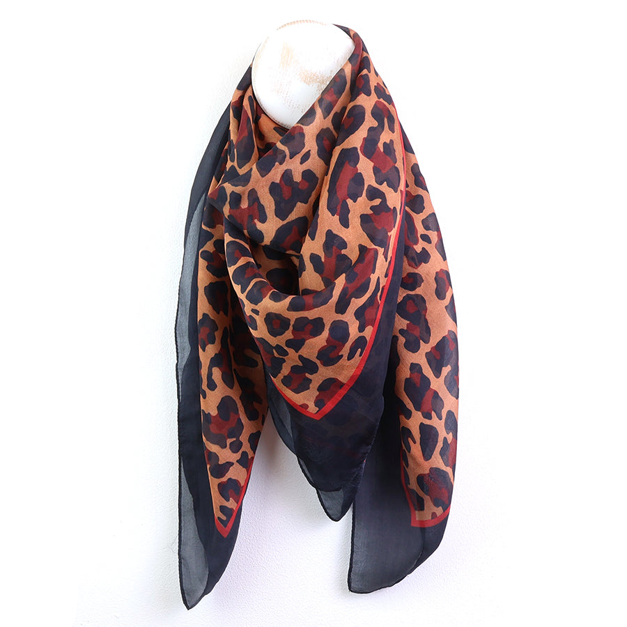 Camel, Red and Navy Mix 100% Silk Animal Print Square Scarf