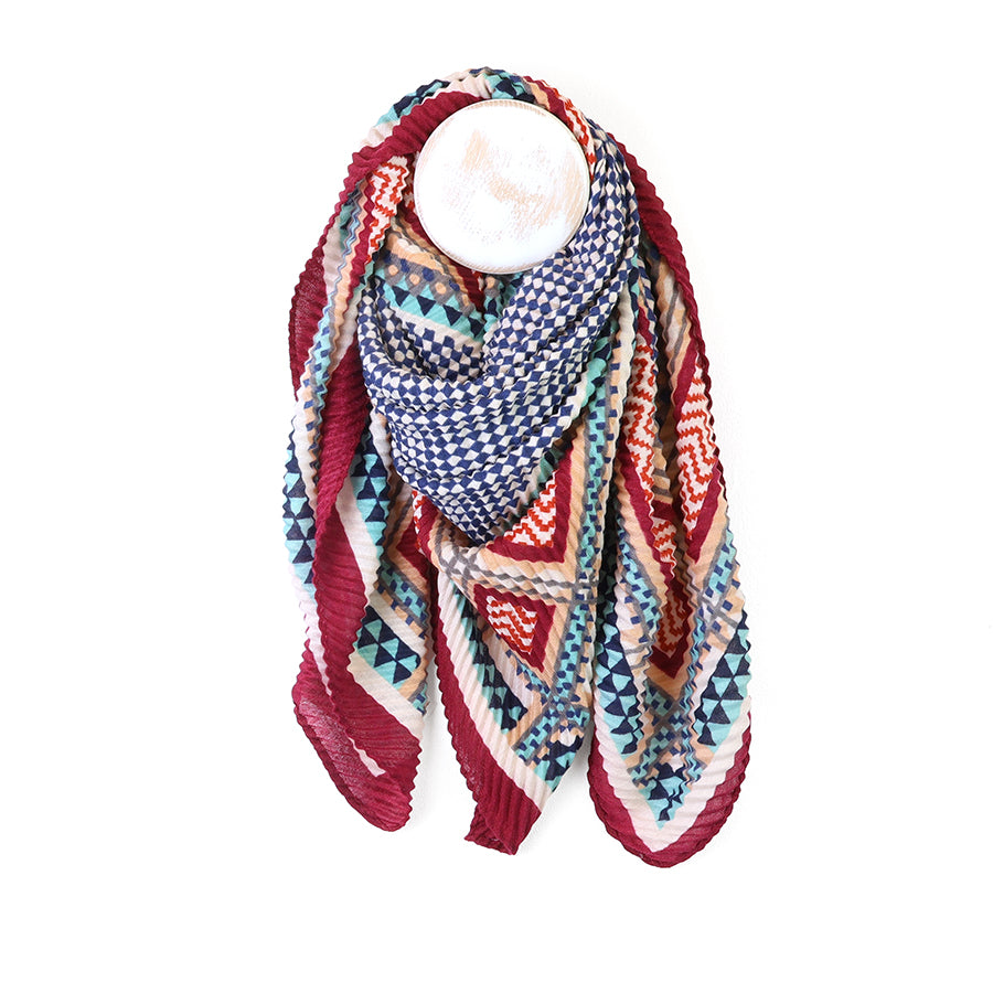 Square Wine, Ecru and Blue Mix Crinkle Scarf