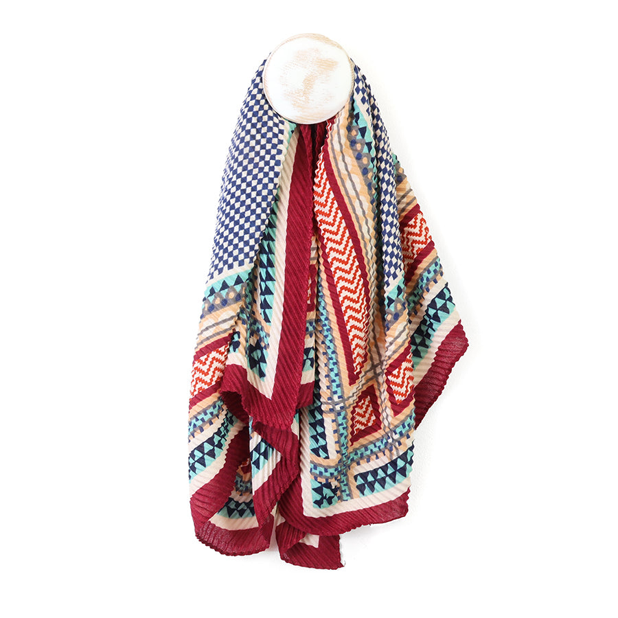 Square Wine, Ecru and Blue Mix Crinkle Scarf