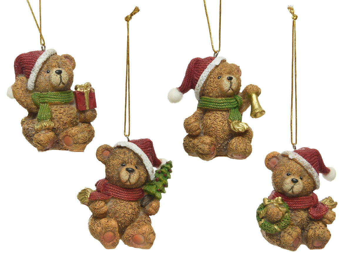 Kaemingk Bear Polyresin Christmas Ornaments – set of 4 assorted festive bear designs with gold hanger
