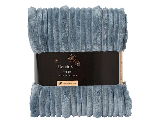 Blue textured throw blanket with Decoris branding on a white background
