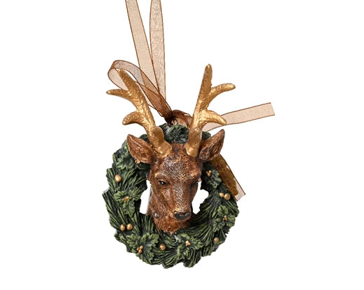 Handmade deer polyresin Christmas ornament with green wreath and gold antlers