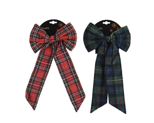 Two plaid bows on packaging with a white background