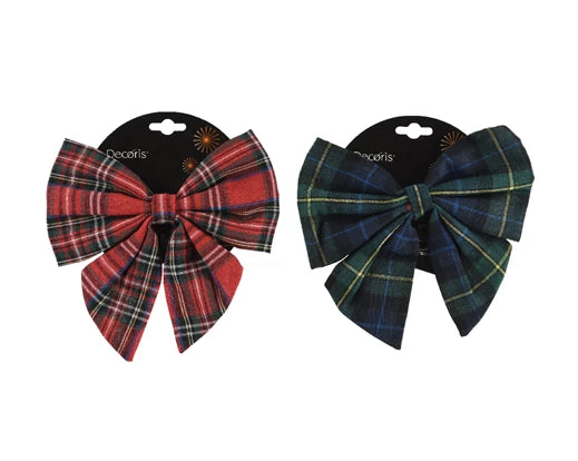 Two plaid hair bows on black cards with 'Decaris' branding on a white background.