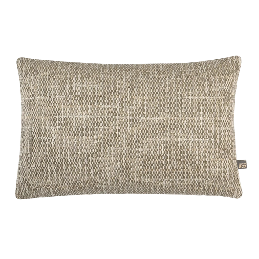 A rectangular Preston Cushion in Green with a textured, woven basketweave pattern in  Green, featuring a small dark brand tag on the right edge.