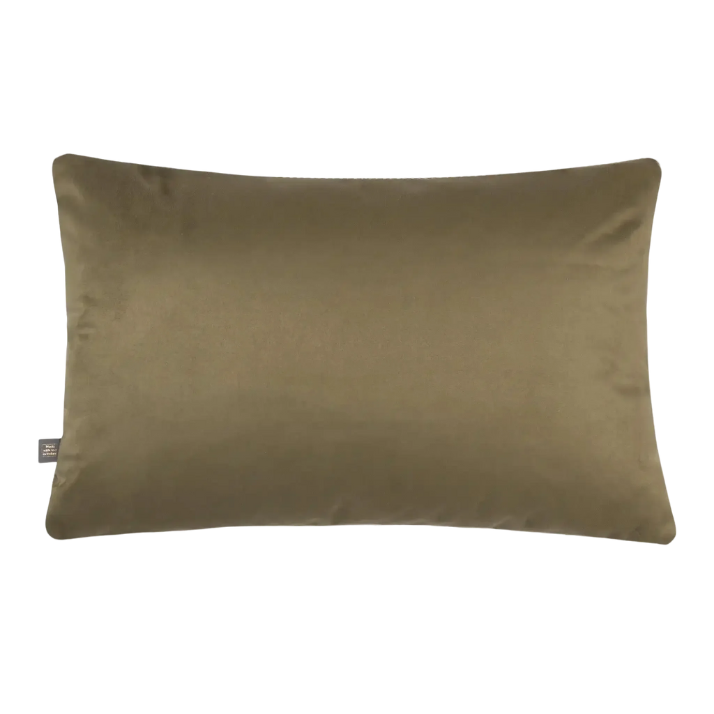 A rectangular Preston Cushion in Green in a muted olive-brown color, made of a smooth satin-like fabric, shown against a plain white background.