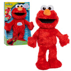 Red plush toy resembling a well-known character from Sesame Street, next to its packaging.