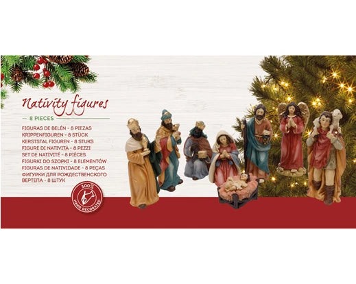 Miniature hand-painted polyresin nativity set with 8 figures including the holy family, three kings, angel, and shepherd