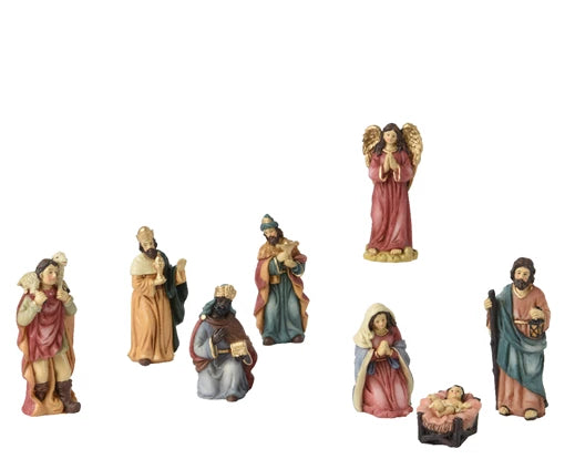 Miniature hand-painted polyresin nativity set with 8 figures including the holy family, three kings, angel, and shepherd