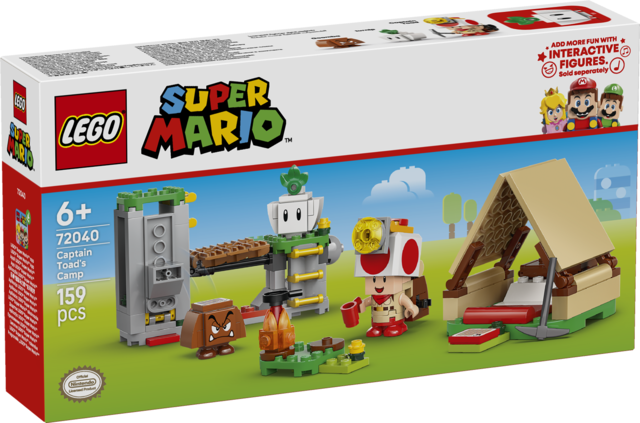 LEGO Super Mario Captain Toad’s Camp set (72040) with Captain Toad figure, tent with bonfire, collapsing bridge, treasure chest, Goomba, turnip, backpack and pickaxe accessories