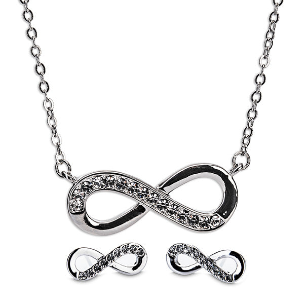 Newgrange silver infinity necklace and earrings set with diamanté accents