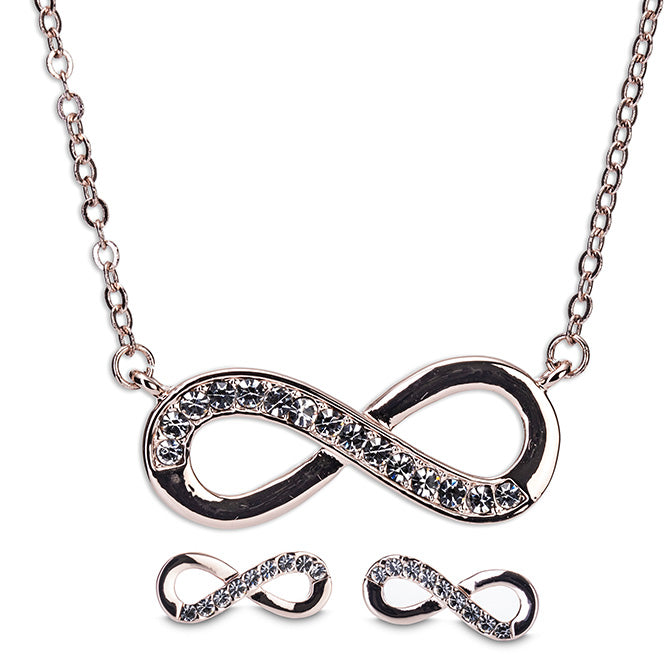 A rose gold infinity necklace with a chain and earrings featuring a similar design, adorned with sparkling stones.