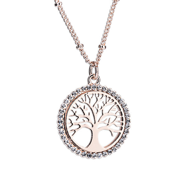 A rose gold tree of life pendant with a chain and tail chain, encrusted with sparkling stones.