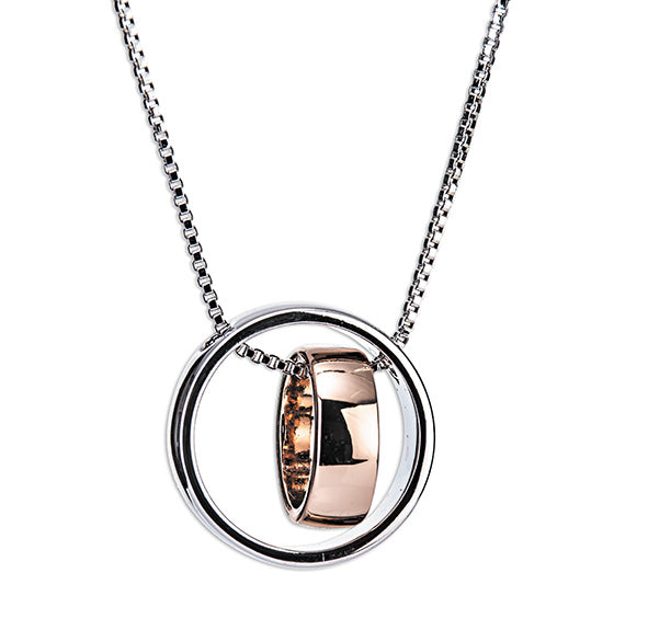 A silver and rose gold ring pendant on a chain, displayed against a white background.