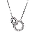 A silver interlocking diamante necklace with a large pendant and a chain, displayed against a white background.