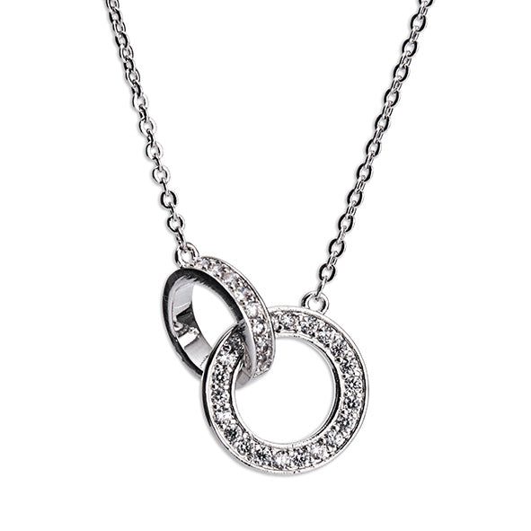 A silver interlocking diamante necklace with a large pendant and a chain, displayed against a white background.